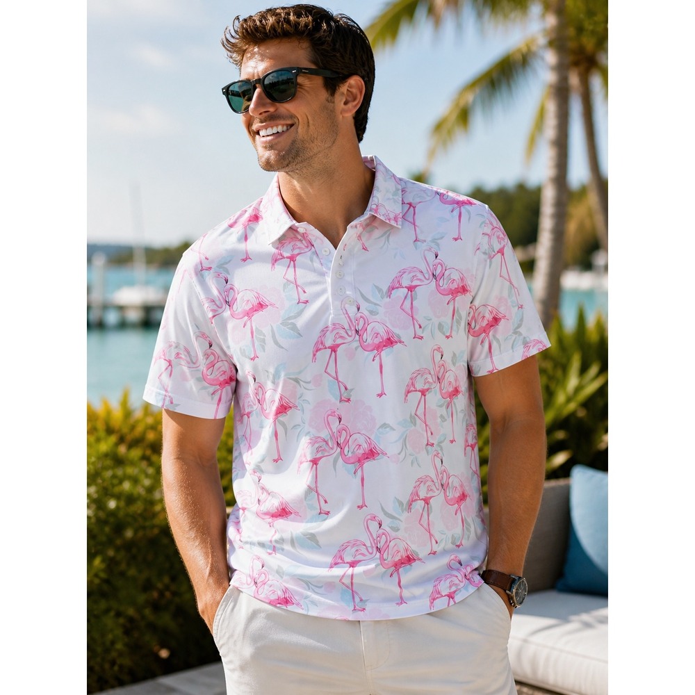 Deolax Mens 2XL Flamingo Floral Performance Golf Polo Shirt Short Sleeve Pink